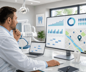 odontólogo mirando métricas, calendario de citas o mapa local